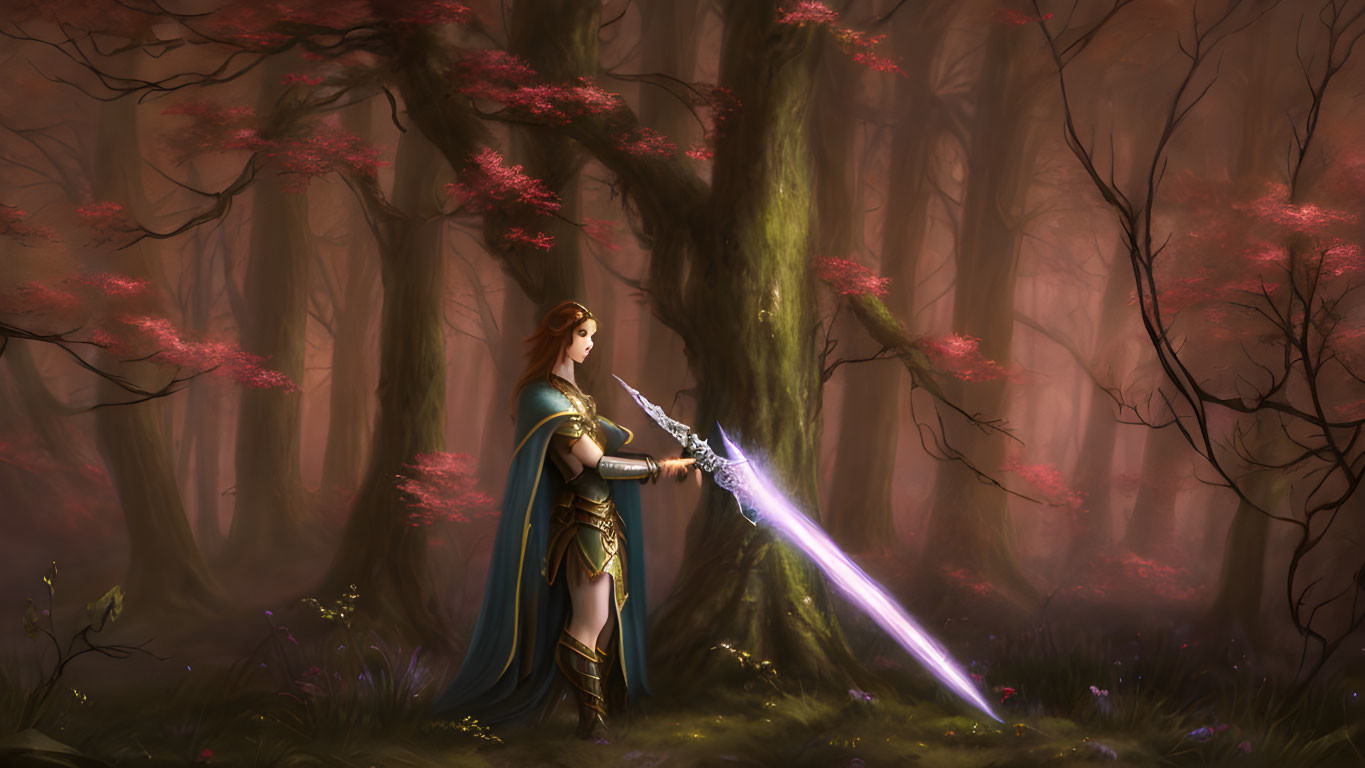 Elven warrior in ornate armor with glowing sword in mystical forest