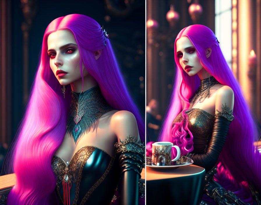 Stylized image: Woman with pink hair in gothic outfit by window