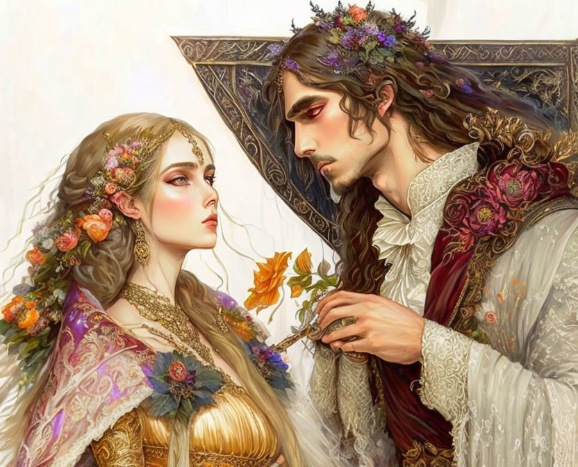 Medieval couple in ornate attire with autumn leaf in romantic gaze