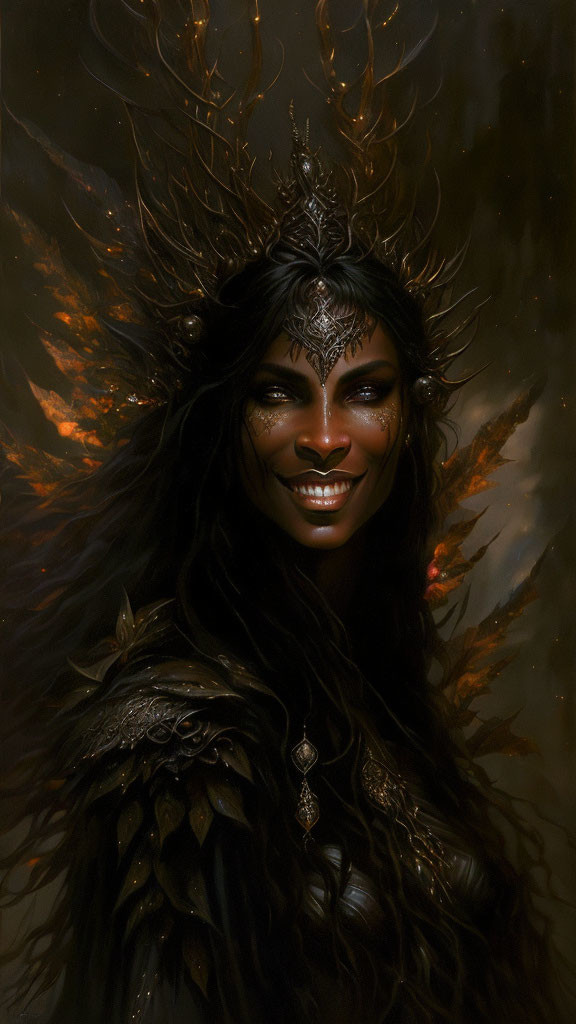 Fantasy portrait of woman in dark feathered armor with antler crown and glowing ember background