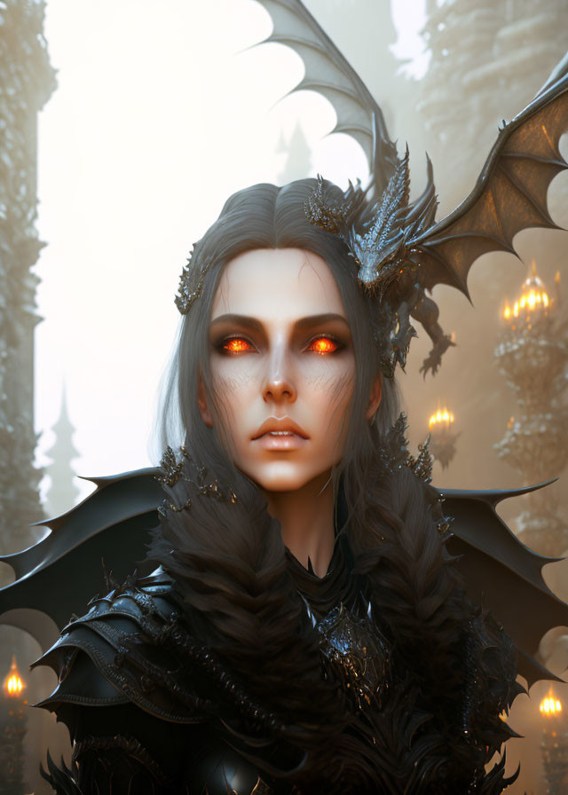 Fantasy figure with glowing eyes in dark armor and bat-like wings amidst candles and fog.