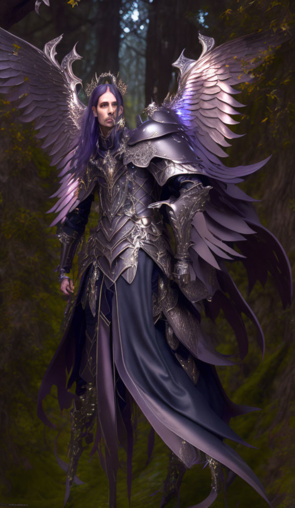 Fantasy character in intricate armor with wings, standing in mystical forest