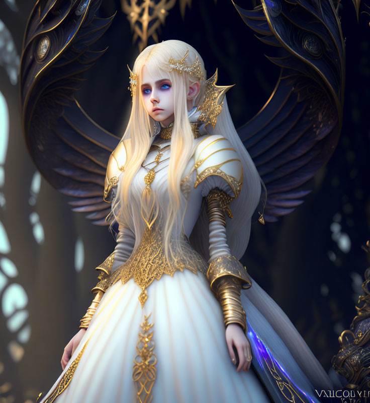 Blonde figure in white and gold attire with dark wings