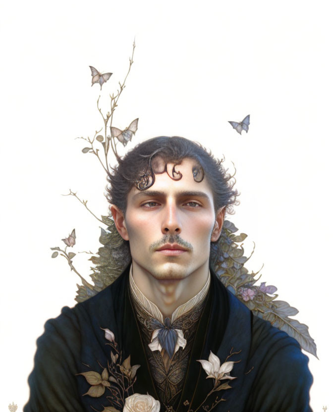 Man's portrait with nature elements: twigs and butterflies, creating a fantastical, ethereal look