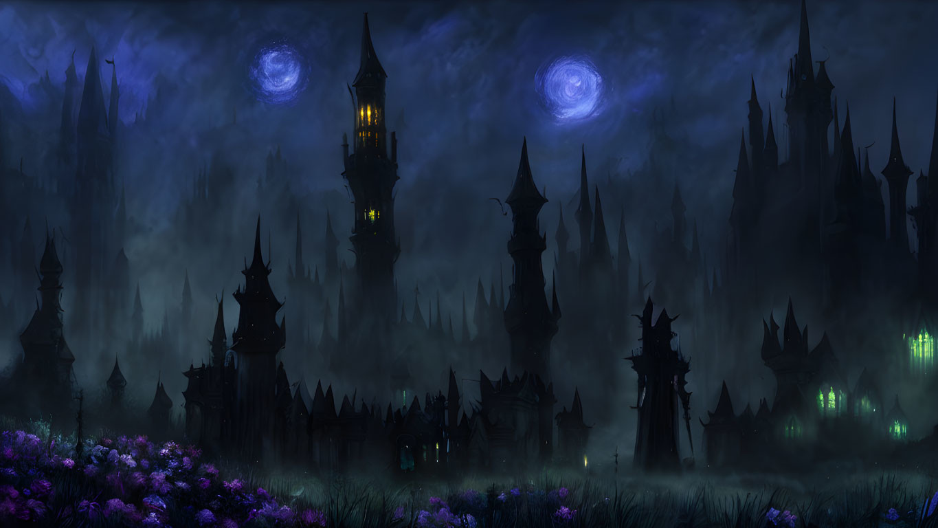 Mystical nighttime landscape with towers, moons, green lights, fog, and purple flora