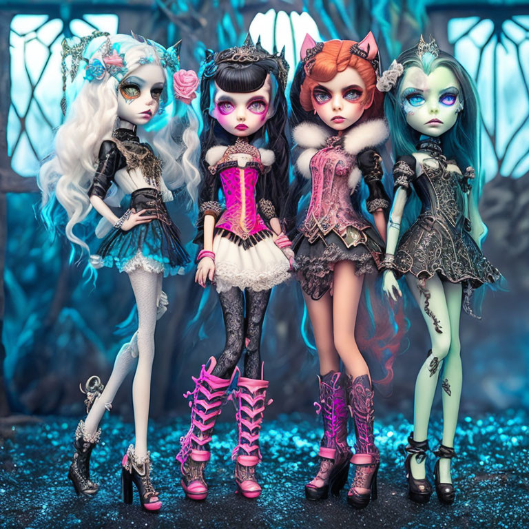 Stylized gothic fashion dolls in intricate outfits and hairstyles pose in moody blue scene