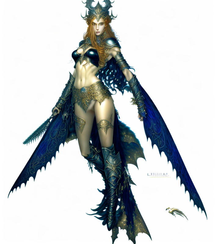 Fantasy female warrior art: golden armor, dragon wings, crescent moon helmet