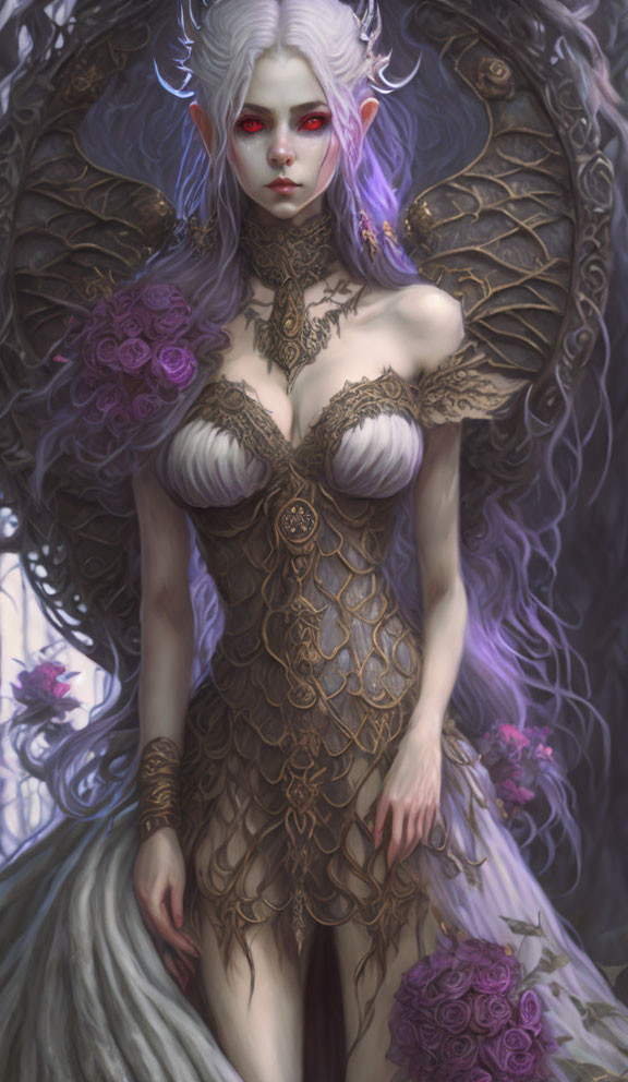 Fantasy artwork: Female figure with white hair, red eyes, horned headdress, ornate