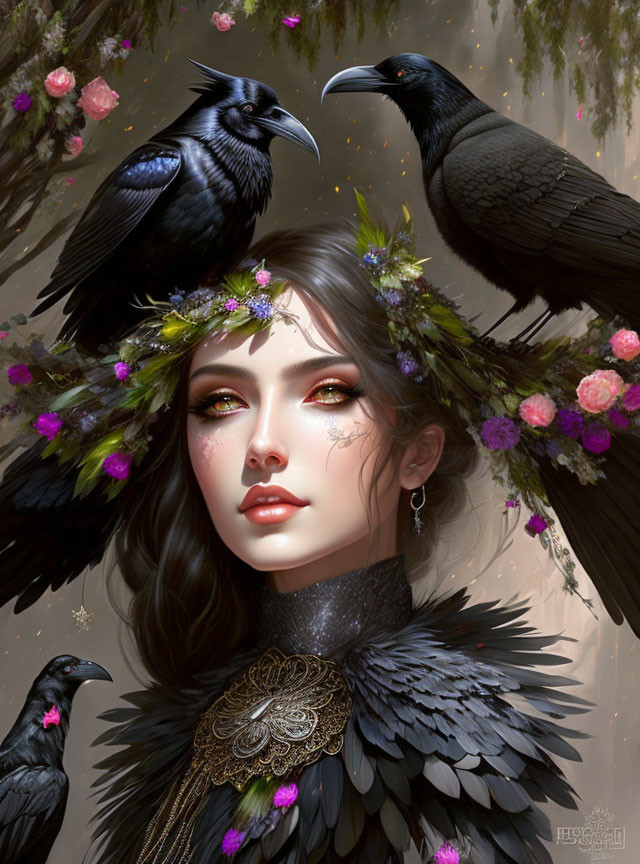 Illustrated woman with raven feathers and flowers, accompanied by two ravens