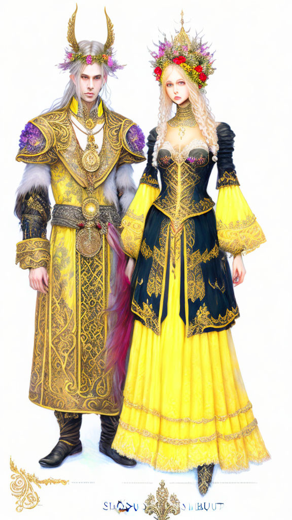 Fantasy elf couple in medieval-inspired attire with intricate details