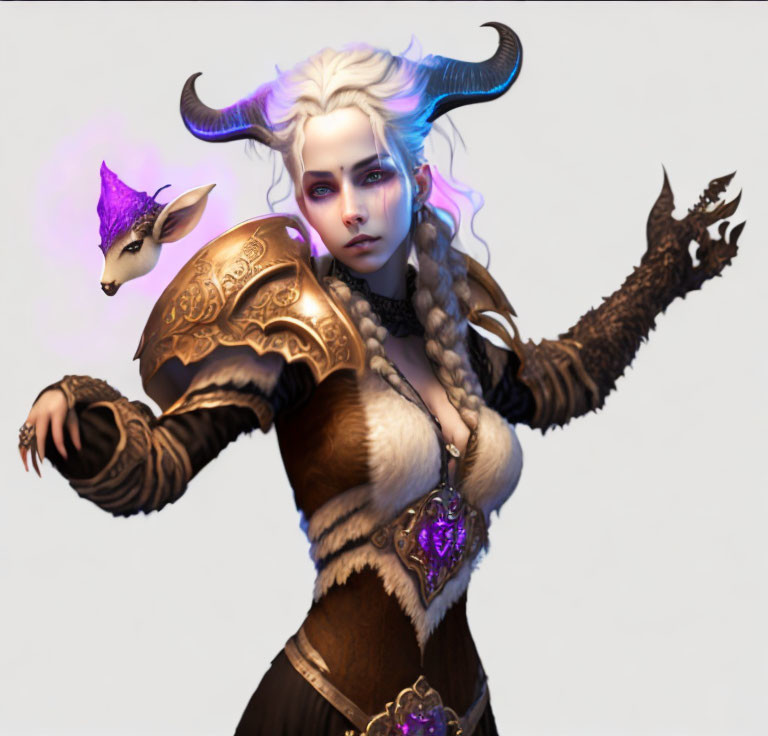 Fantasy female character with pale skin, white hair, horns, mystical tattoos, fur armor, and