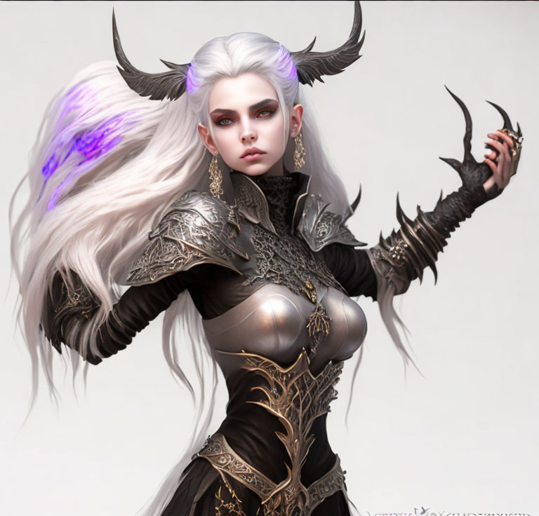 Fantasy female character with pale skin, white hair, purple eyes, and horns in black and silver