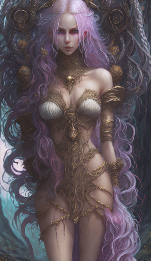 Fantasy illustration of a woman in golden armor with purple eyes and pink hair