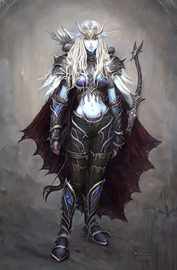 Fantasy female warrior with long white hair, elven ears, blue facial markings, dark armor,