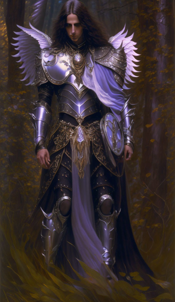 Fantasy character in ornate silver armor with long dark hair in forest