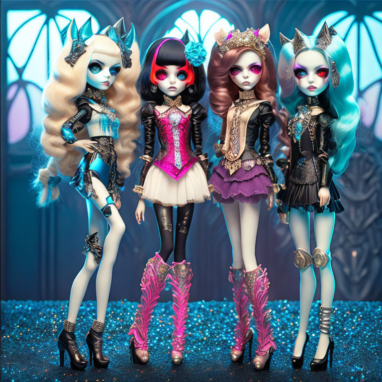 Stylized gothic dolls with feline features on blue backdrop