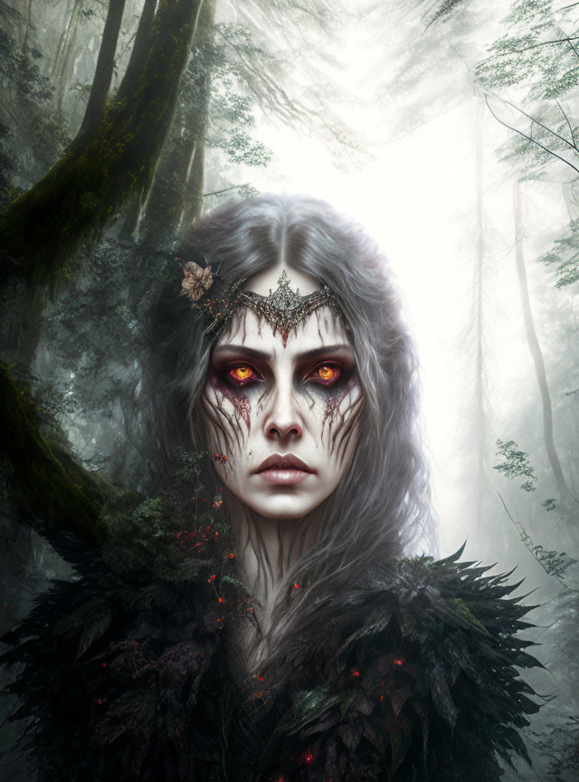 Mystical figure with red eyes, feathered attire, and crown in foggy forest