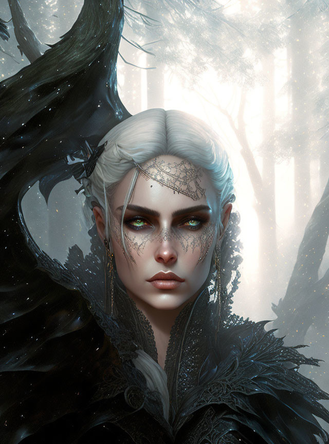 Ethereal woman with white hair in dark feathered outfit in misty forest