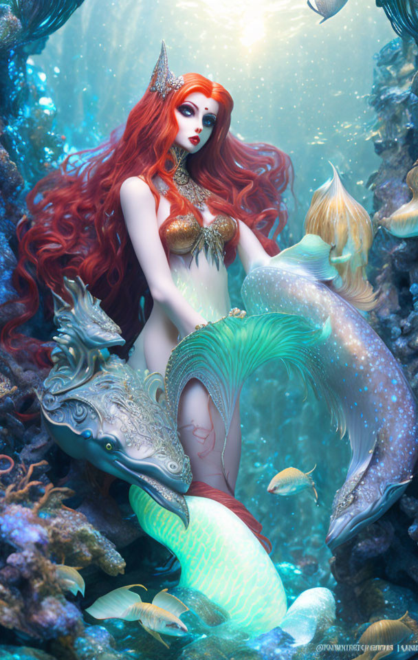 Red-haired mermaid with gold and turquoise tail among coral and fish.