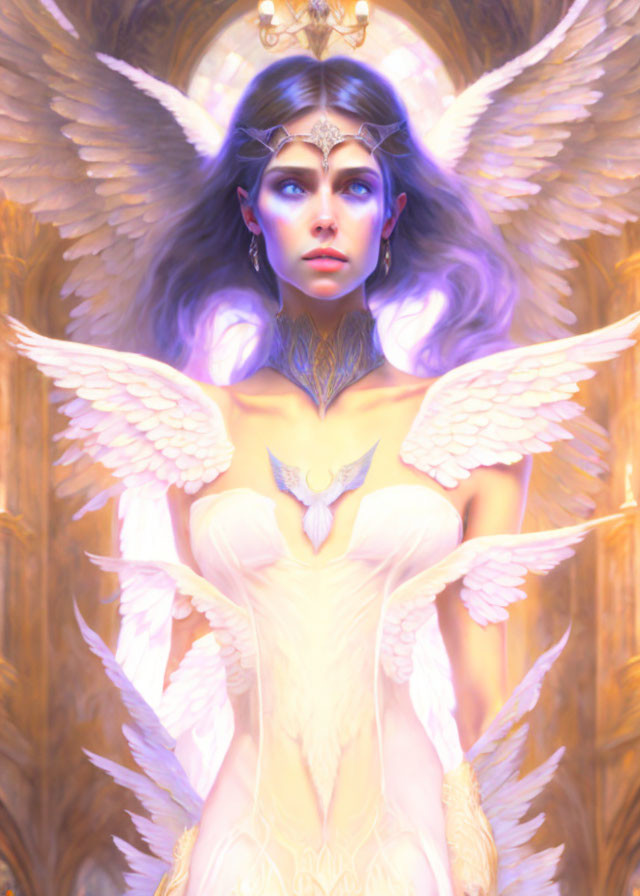 Mystical female figure with purple hair and wings in golden setting