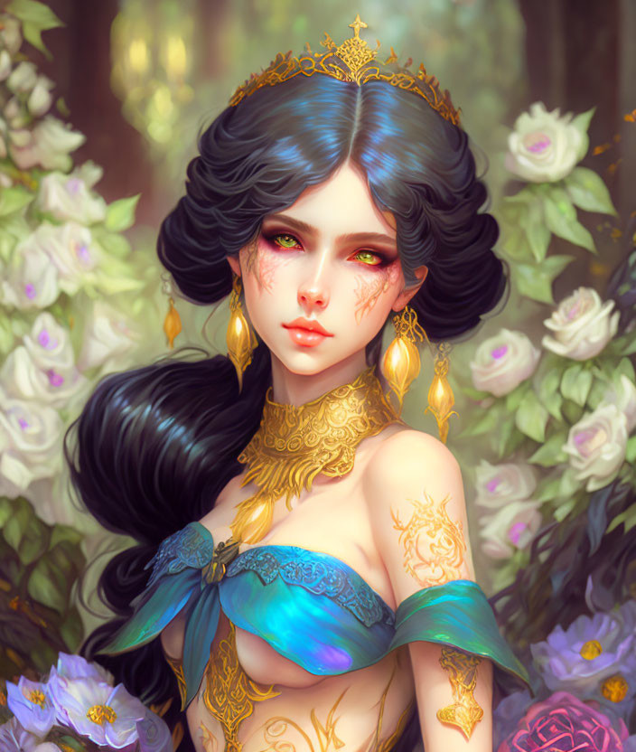 Illustrated female figure with blue-black hair in golden attire among lush flowers