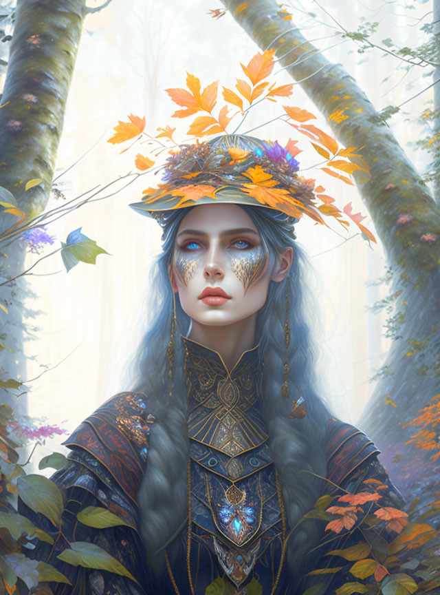 Illustration of woman with blue skin in autumn-themed cap in misty forest