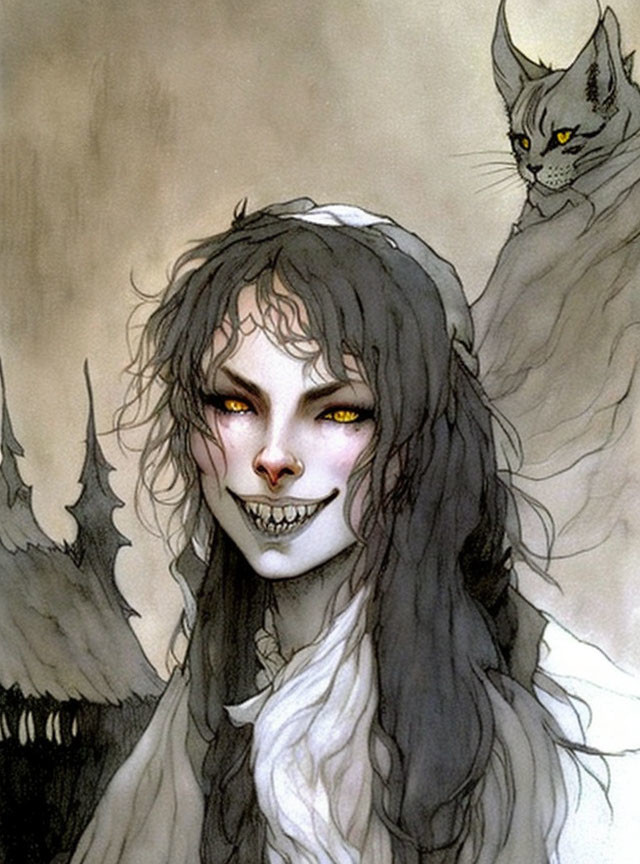 Pale woman with sharp teeth, ghostly cat, eerie trees in illustration