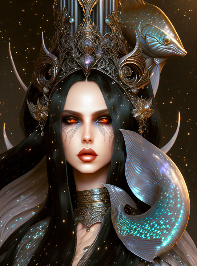 Digital artwork: Woman with black hair, red eyes, ornate crown, armor, glowing fish-shaped