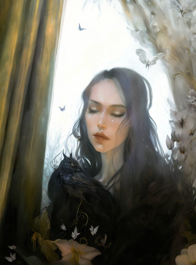 Tranquil woman with closed eyes holding a black bird among butterflies and blooming branches by a window