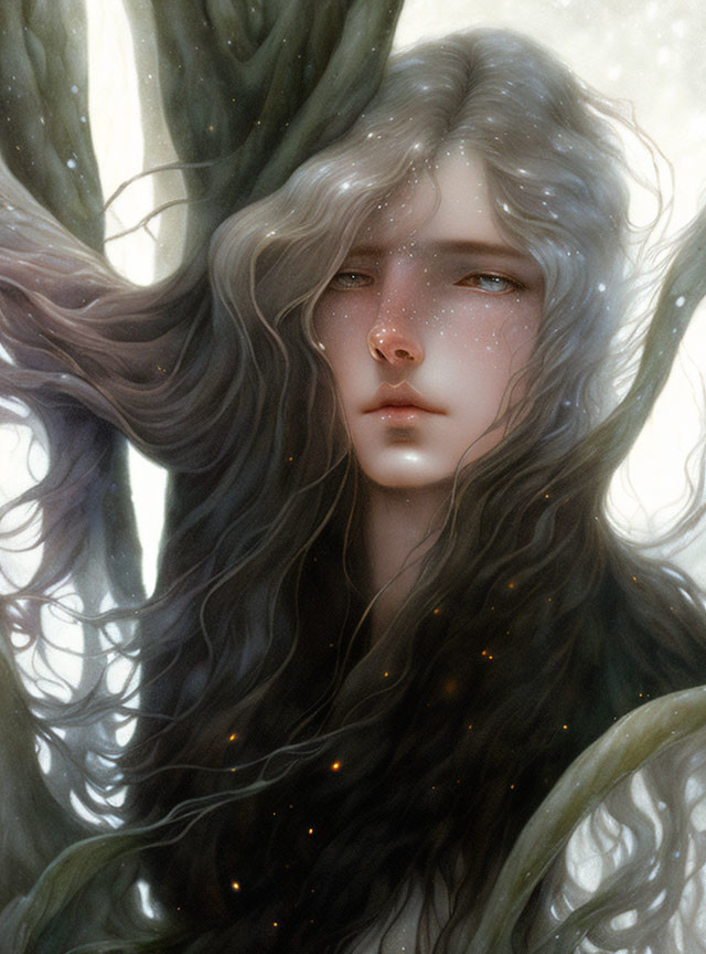 Long Gray Hair and Sparkling Freckles Among Twisting Branches