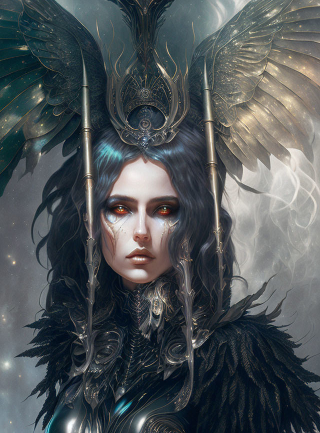 Dark angelic wings, silver armor, red eyes - mystical figure in ethereal glow