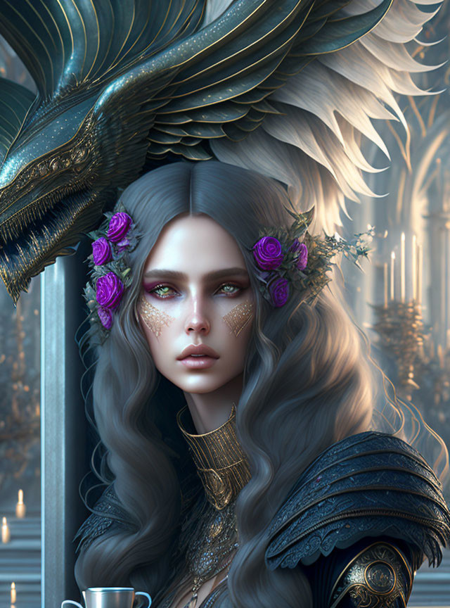 Fantasy digital artwork: Woman in gold and black armor with grey hair and golden facial markings