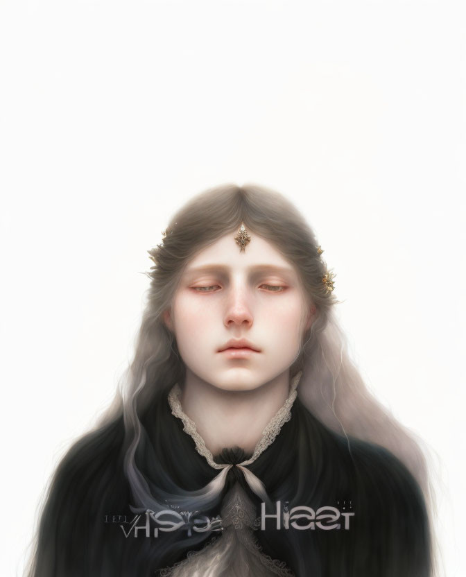 Portrait of pensive individual with pale skin, long grey hair, black garment, delicate jewel, and