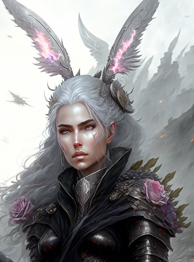 Fantasy portrait of woman with white hair, pink ears, horns, black armor, pink rose accents