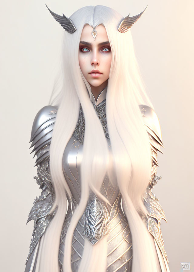 Fantasy character with white hair, horns, blue eyes, and silver armor in pale setting