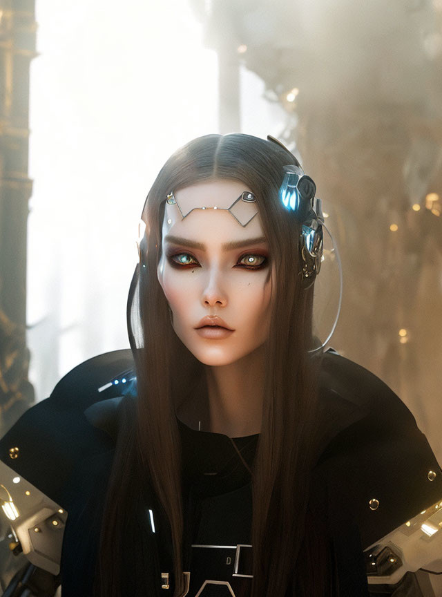 Futuristic female figure with cybernetic headgear and armor in glowing setting