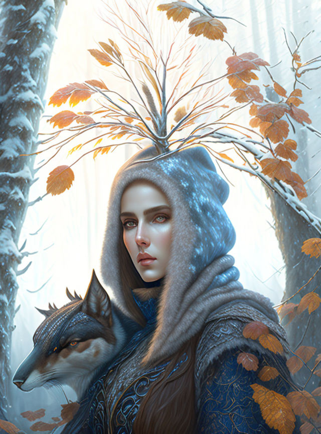 Mystical woman with tree branch crown and wolf in snowy forest