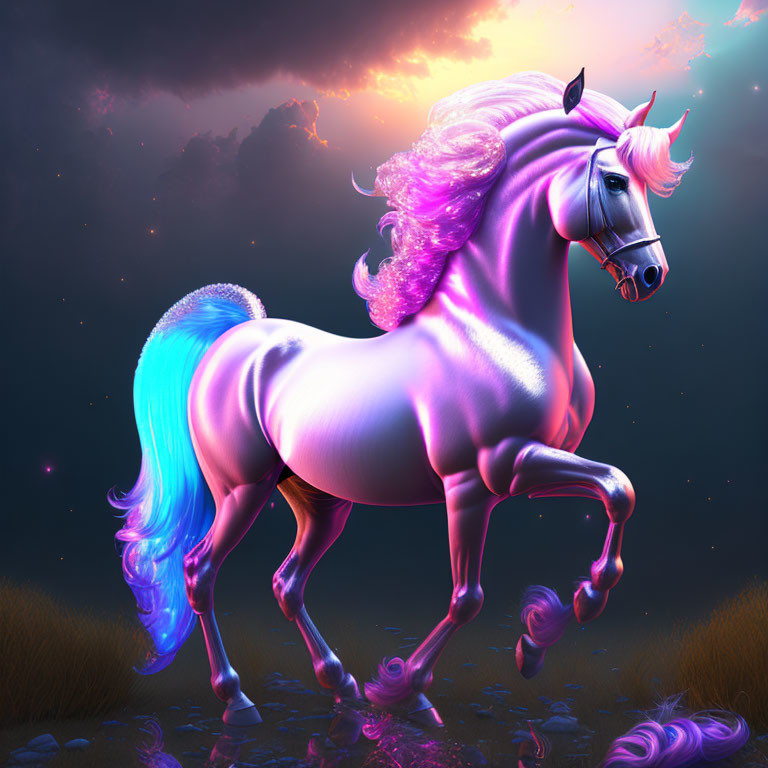 Mythical unicorn with pink coat and blue mane in night sky