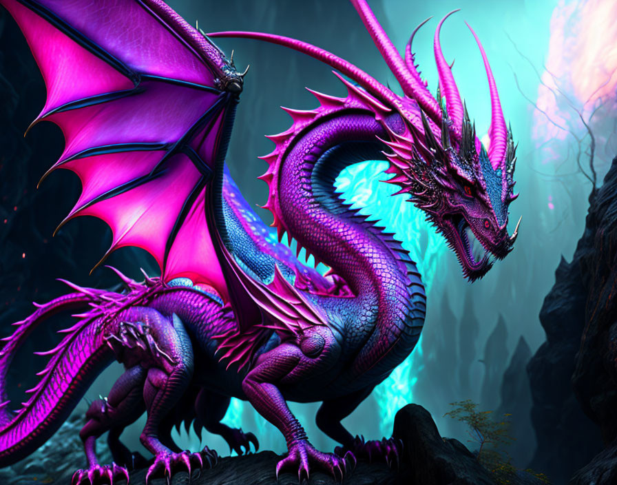 Majestic purple dragon with pink wings in mystical forest