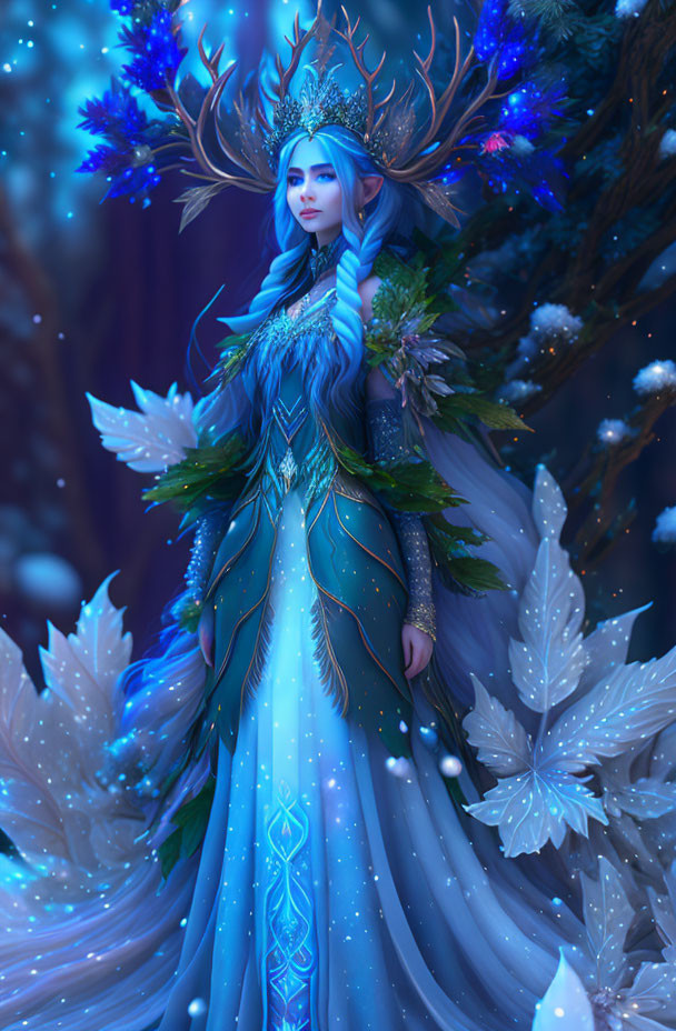 Blue-haired mystical figure in crown and feathered dress in enchanted forest