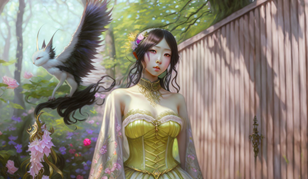 Woman in yellow corseted gown in magical forest with white winged creature and pink blossoms