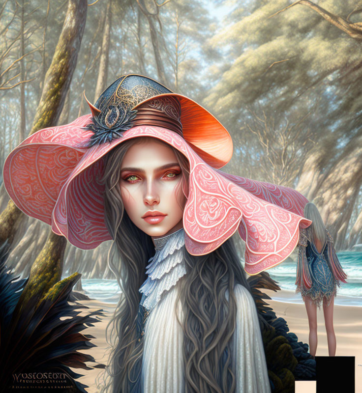 Fantasy female character with ornate hat in misty forest