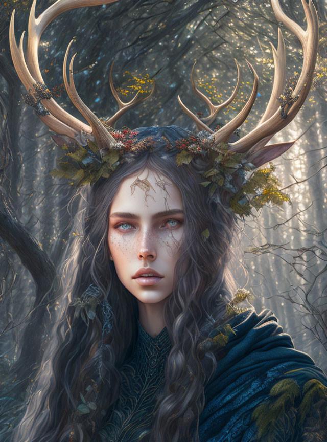 Mystical female figure with elaborate antlers and forest backdrop