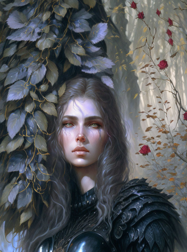 Digital painting of woman in armor with grey eyes and dark hair among vines and flowers