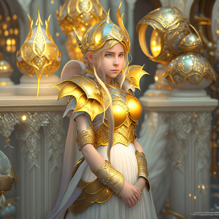 Regal character in golden armor amid ornate architecture