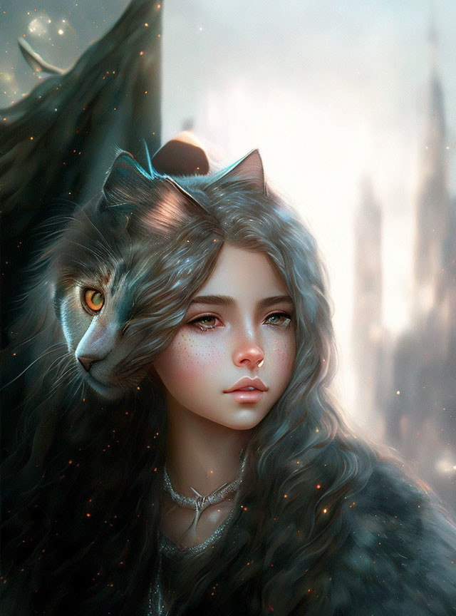 Illustration of young woman with cat-like features in dreamy setting