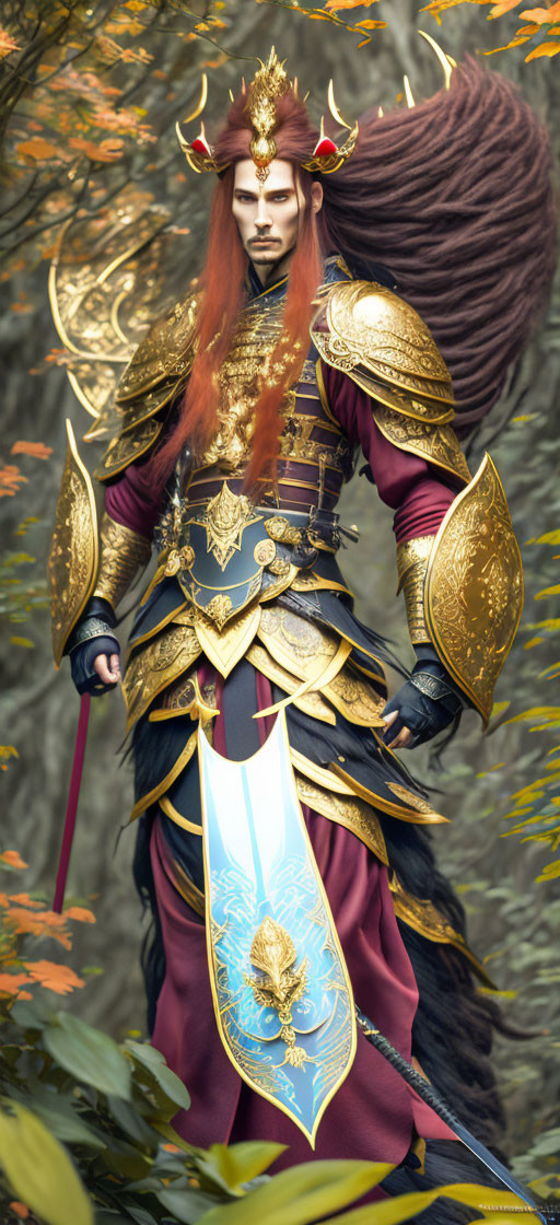 Person in gold-trimmed armor with crown wields sword in autumn setting