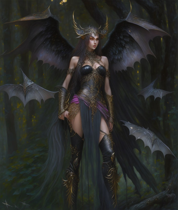 Dark angel wings, horned headpiece, and armor in mystical forest