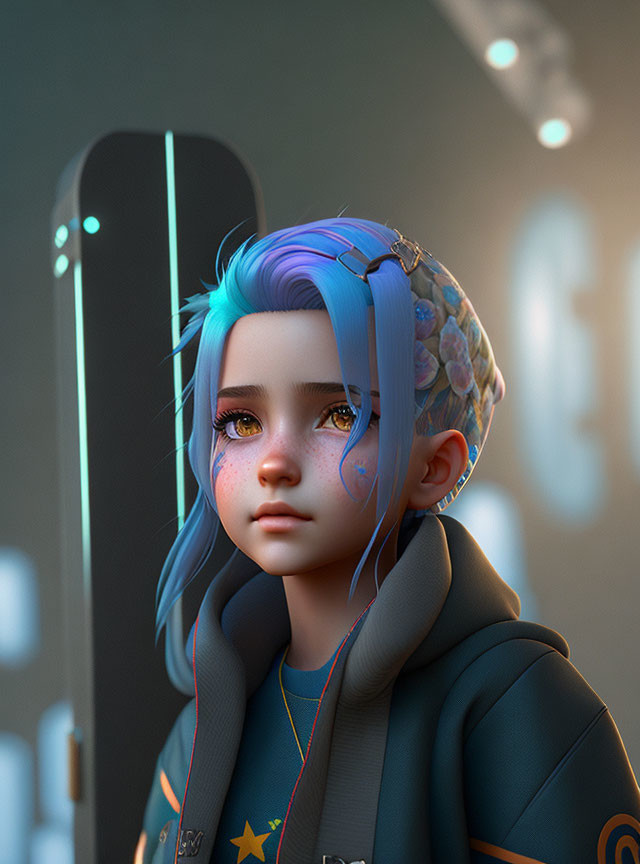 Young Person with Blue-Streaked Hair in Star and Circular Hoodie