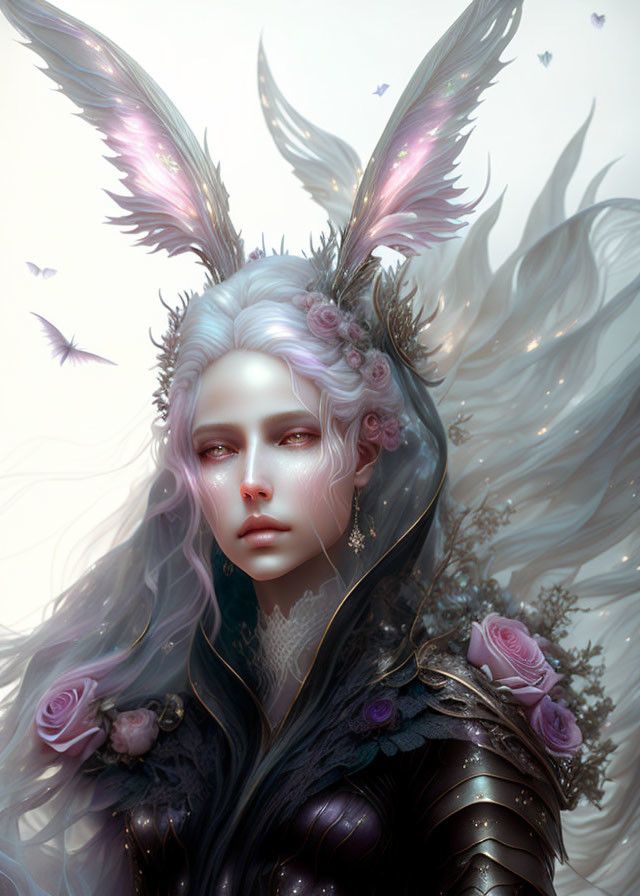 Pale-skinned figure with butterfly wings and roses in a soft glow.